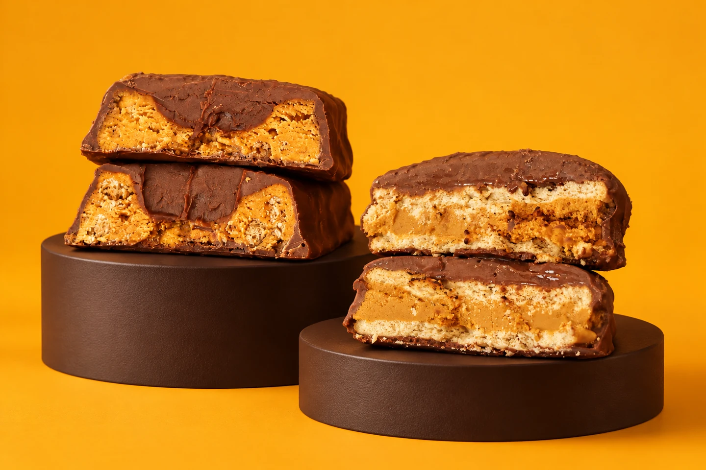 Montagem autoral com cortes da SnackBar de cenoura e do Alfajor Protein em bases de estúdio sobre fundo amarelo