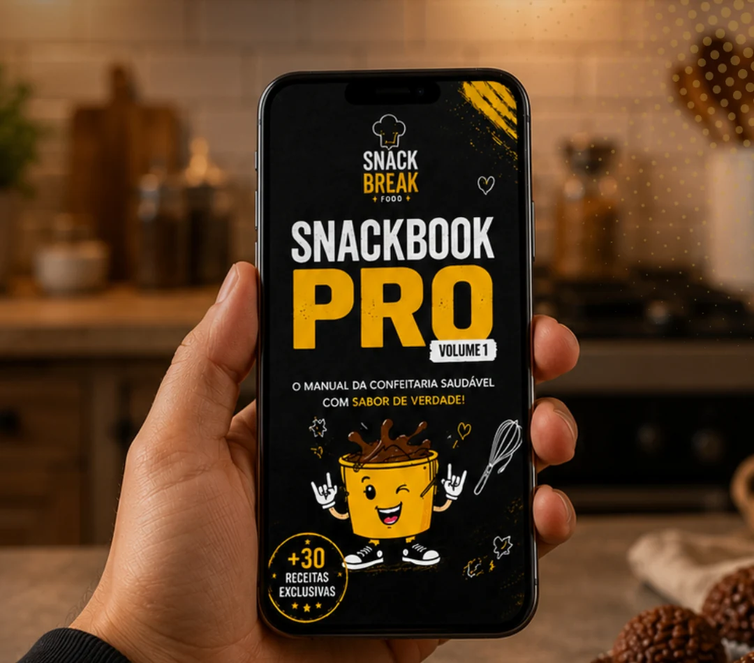 Celular com a capa do Snackbook PRO, o manual da confeitaria saudável da Snack Break