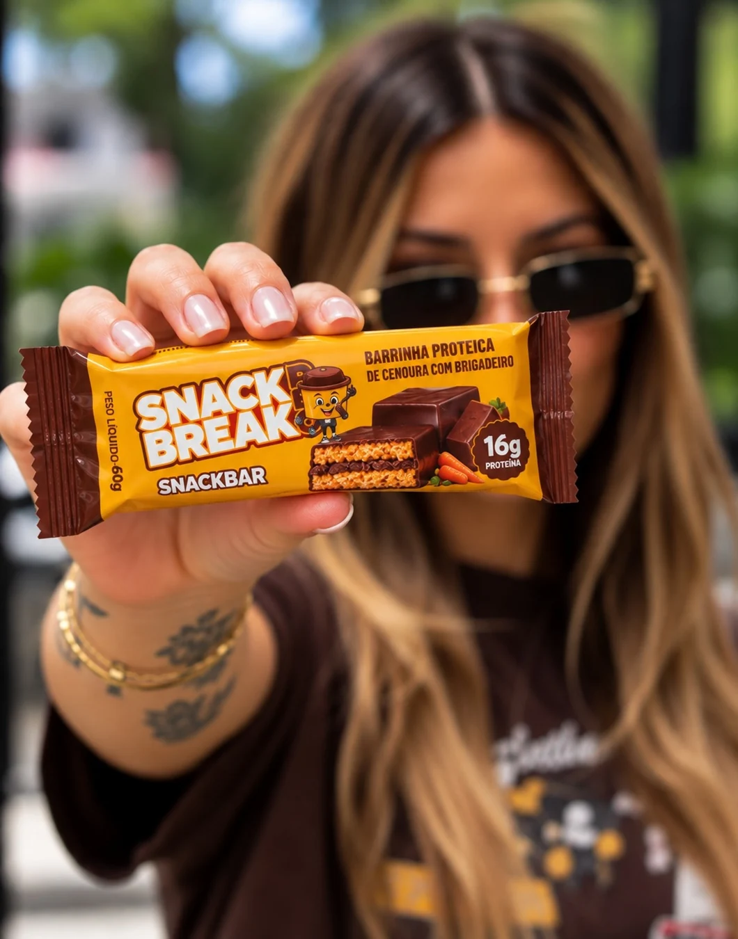 Mulher mostrando a embalagem amarela de uma SnackBar